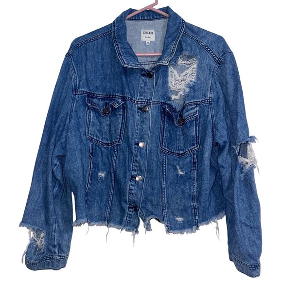 Cello Jackets & Blazers - Distressed Cello Denim Jacket Vintage Blue Frayed Edges Size 3X